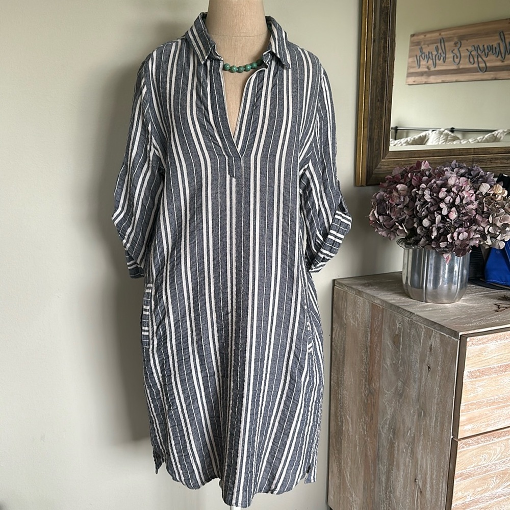 Laju Linen like blue striped coastal grandma shirt dress Lg